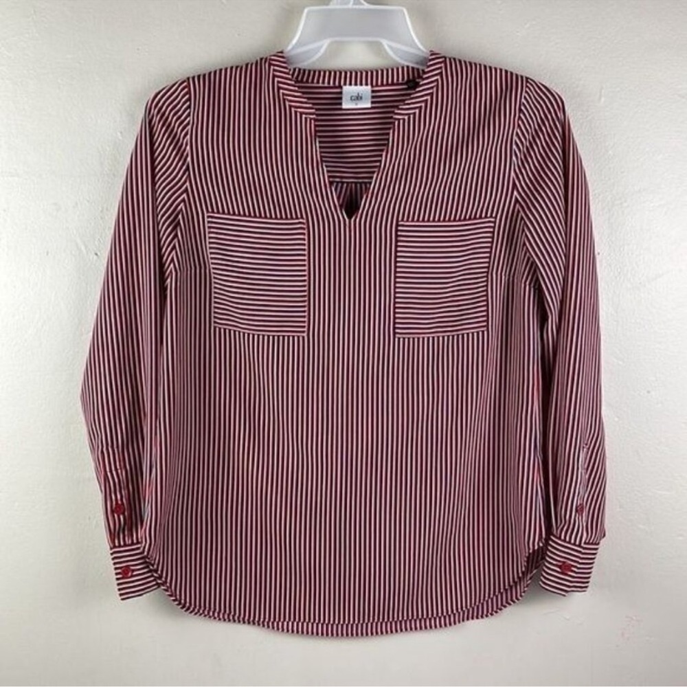 Cabi Red White Blue Stripe V-Neck Long Sleeve Top Small blouse career fall